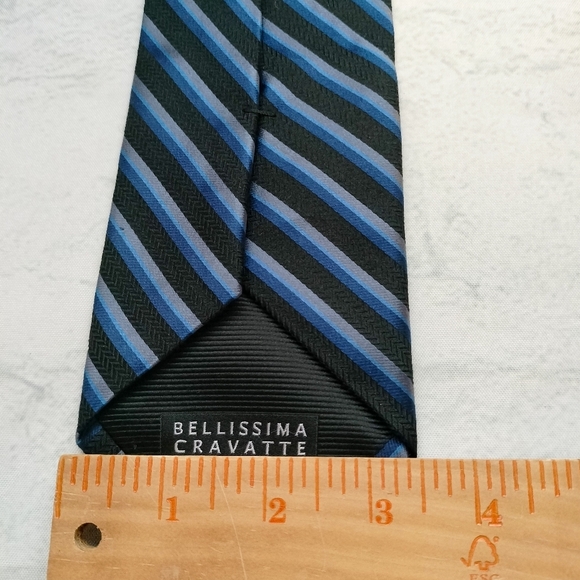 Bellissima Cravatte Rep Black Blue Striped Silk Cashmere Men’s Necktie Tie - Picture 6 of 10
